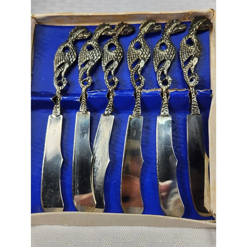 VTG Griffin Dragon Brass Flatware Butter Cheese Spreader Caviar Knife Set Italy